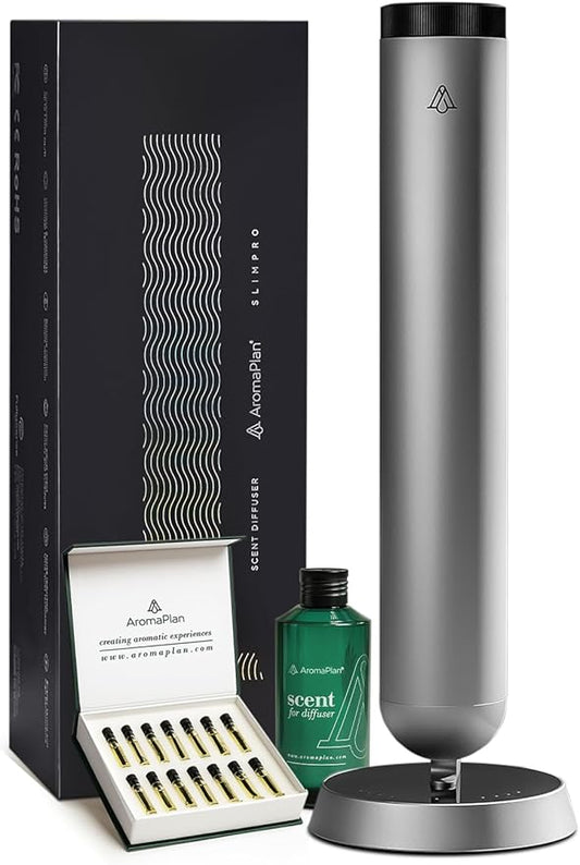 AromaPlan 5-Star Collection Cold Air Diffuser (Fragrance &Sample Set Included) –Recharchable Waterless Diffuser,Brushed Aluminum Body | Remote &Touch Control | Silent,Energy-Saving, 1-Week Battery, Si