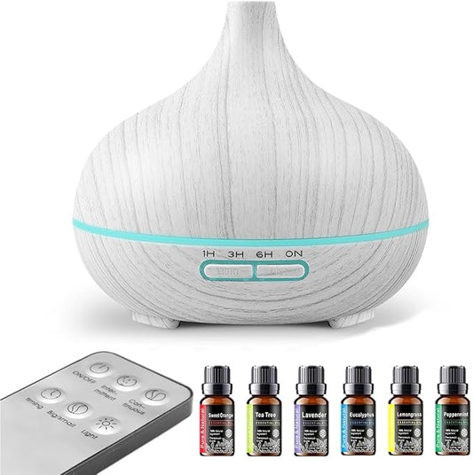 550ml Large Capacity Essential Oil Diffuser with 6 Aromatherapy Oils,Humidifier for Home Decor with Waterless Auto-Off,7 Color LED Light for Yoga Gym Office Decoration (White Wood Grain)