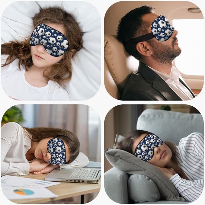 Football Sleep Eye Mask Soccer Ball Black White Square Sphere Blue Silk Eye Mask Sleeping Soft Eye Shade Cover for Men Women Boy Girl Airplane Travel with Elastic Strap