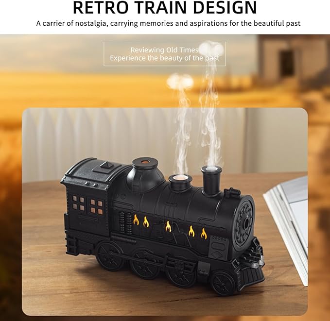 300ml Vintage Steam Train Aromatherapy Essential Oil Diffuser and Humidifier with Dual-Color LED Light, Ultra-Quiet and Auto Shut-Off (Standard US Power Supply)