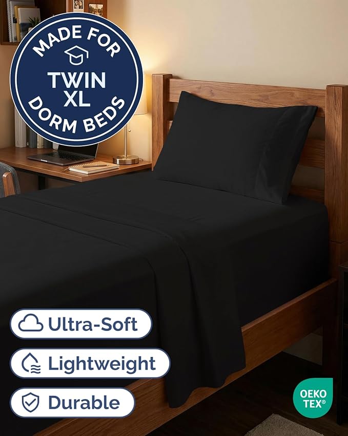 Extra Deep Twin XL Sheet Set - 3 Piece Breathable & Cooling Bed Sheets - Easily Fits 18 to 24 inch Mattress - Ultra Soft, Wrinkle & Fade Free w/ Extra Deep Pockets - Comfy Hotel Luxury Bedding - Black