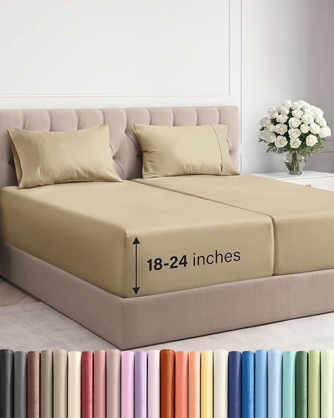 Extra Deep Split King Sheet Set - 5 Piece Breathable & Cooling Bed Sheets - Easily Fits 18 to 24 inch Mattress - Ultra Soft, Wrinkle & Fade Free w/ Extra Deep Pockets - Hotel Luxury Bedding - Beige
