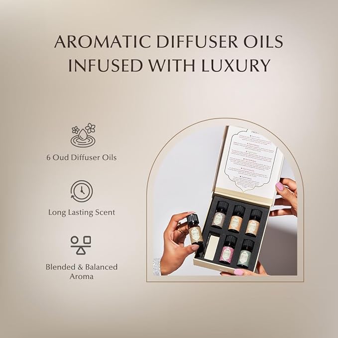 Oud Diffuser Oil, Essential Oil Gift Set by Dukhni | 6 x 10ml Arabic Oil Gift Set for Diffuser & humidifier | 100% Pure Halal Oudh Oils | Relax with Home Aromatherapy, for Relaxation and Massage