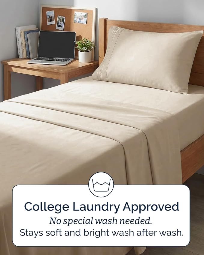 Twin XL 4 Piece Sheet Set - Comfy, Breathable & Cooling - Hotel Luxury Bedding for Women, Men, Kids, Teens and Children - 1 Flat & 1 Fitted Sheet & 2 Pillowcases w/ Deep Pockets - Wrinkle Free - Cream
