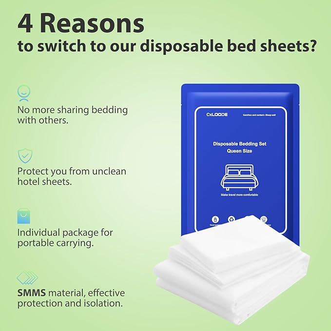 2 Pack Disposable Bed Sheet Queen Size, Disposable Sheet for Travel, Disposable Sheets for Hotel with Quilt Cover and Pillowcase,Travel Sheet for Hotel Travel Essentials for Cruise,Camping,SPA