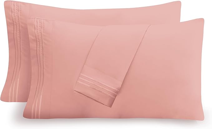 Mocassi 2-Piece Premium Standard/Queen Pillowcase Set 1800 Series Hotel Quality Microfiber - Soft and Breathable with 3-Line Embroidery Wrinkle and Stain Resistant, Easy Care, 20" x 30", Peach Pink