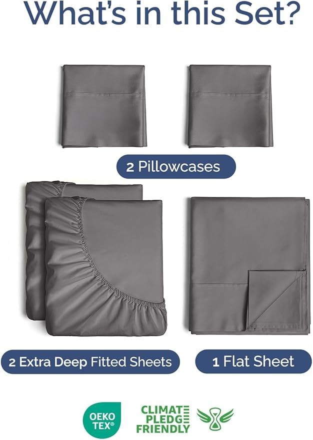 Extra Deep Split King Sheet Set - 5 Piece Breathable & Cooling Bed Sheets - Easily Fits 18 - 24 inch Mattress - Ultra Soft, Wrinkle & Fade Free w/ Extra Deep Pockets - Hotel Luxury Bedding - Dark Grey
