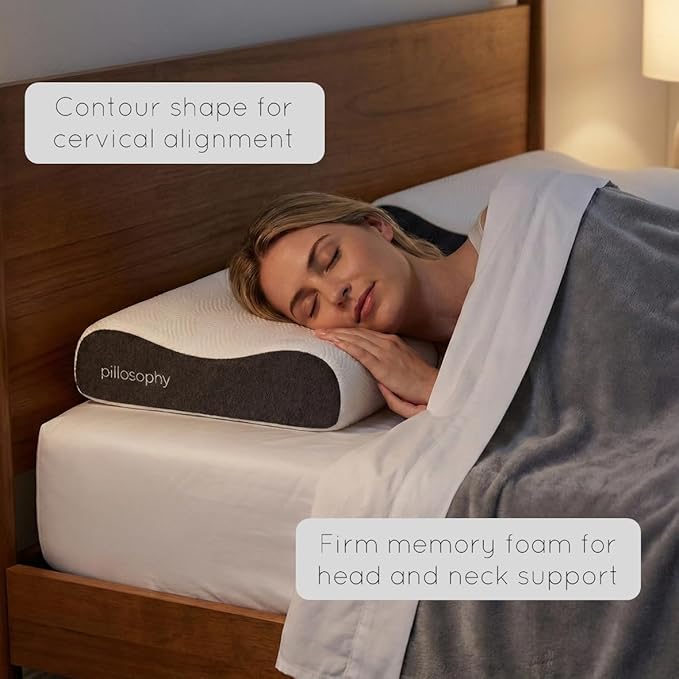 pillosophy SleepTheory Pillow • Contour Shape • Cervical Neck Support • Memory Foam Core • Washable Outer Cover • Medium Firmnesss • Perfect for Back, Side, Stomach Sleepers (Standard Size)