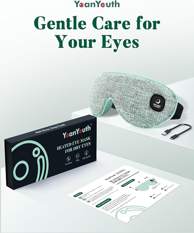 YoanYouth Heated Eye Mask for Dry Eyes, FSA Eligible HSA, Cordless Warm Compress for Eyes, Light Blocking Eye Heating Pad, Styes, Sleep, Cover Washable, Rechargeable, Light Blue
