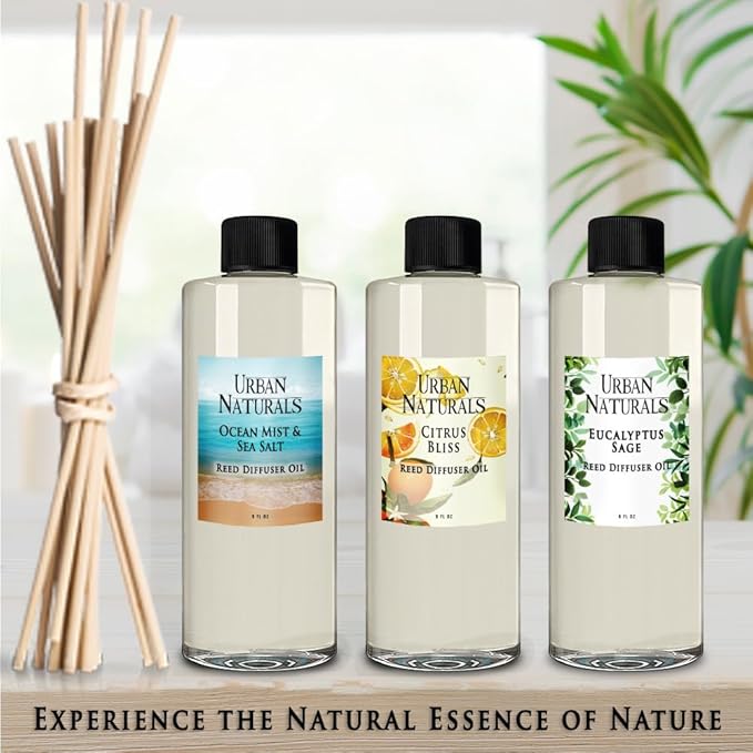 Urban Naturals Reed Diffuser Oil Refill Sensual Amber Blossoms with Jasmine, Freesia, Plum, Orange Blossom, Vanilla 8 oz + Free Reed Sticks, Made in the USA