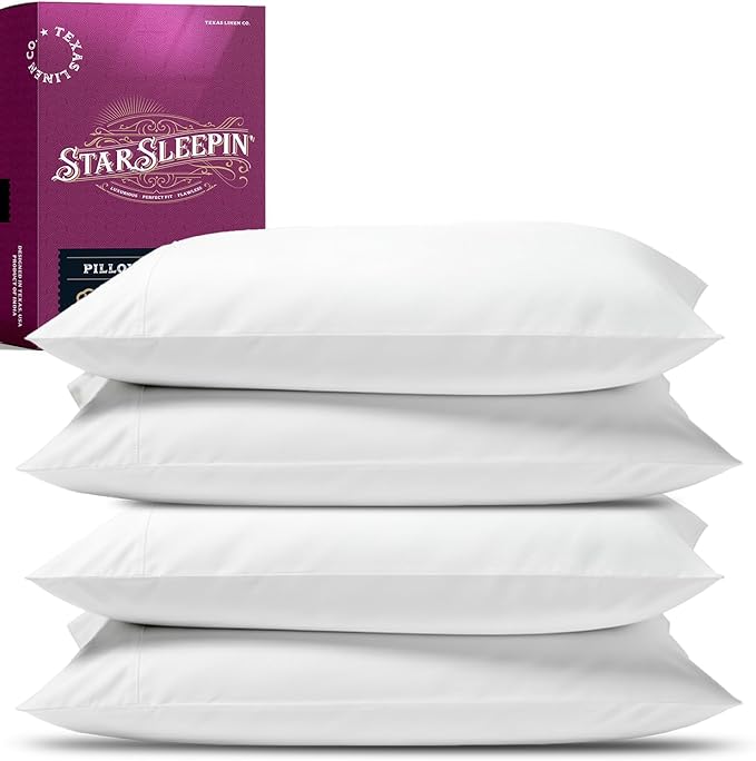 TEXAS LINEN CO. 100% Egyptian Cotton Pillow Cases King Size Set of 4 - Luxury 1200 Series Star Sleepin' Collection Cotton King Pillow Cases (2 Pair, White), Extra Long Staple Sateen Pillowcases