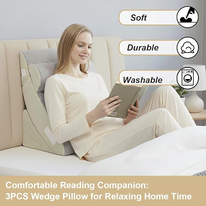 Orthopedic Bed Wedge Pillow Set - Adjustable Memory Foam for Post-Surgery Neck and Back Pain Relief Heartburn Acid Reflux Reading Sleeping Support (Light Gray)