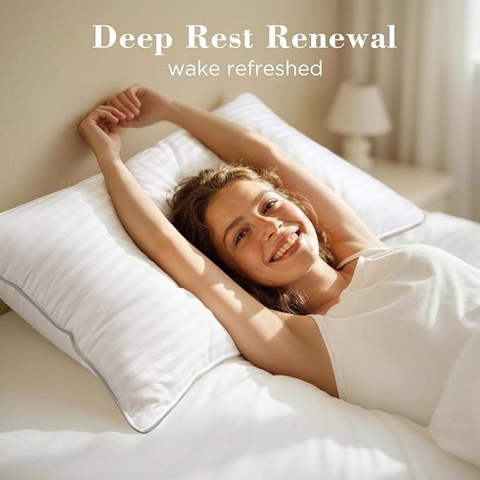 viewstar Bed Pillows Queen Size Set of 2, Hotel Collection Down Alternative Pillows for Side, Back or Stomach Sleepers, Stable Neck Support, Striped White