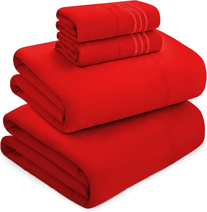 Mocassi Luxury California King 4-Piece Sheet Set - 1800 Premium Hotel Quality - Easy-Fit, Wrinkle, Fade Resistant Bed Sheets and Pillowcases - All Around Elastic Fitted Sheet, Deep Pocket, Red
