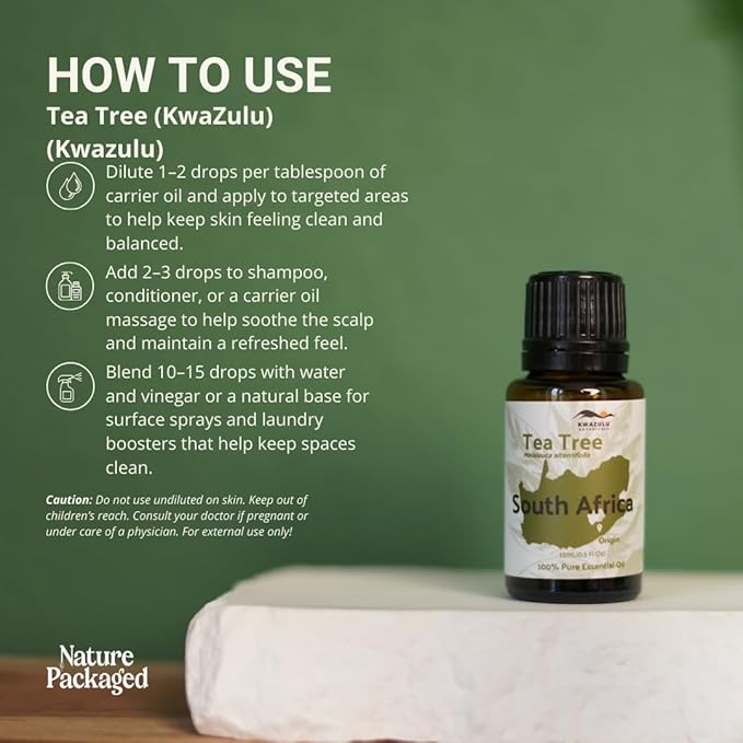 Tea Tree Essential Oil - Direct from Kwazulu Botanicals South Africa - Steam Distilled - Aceite Esencial de Árbol de Té for Aromatherapy, Diffuser, DIY Candle and Soap Making - 15ml