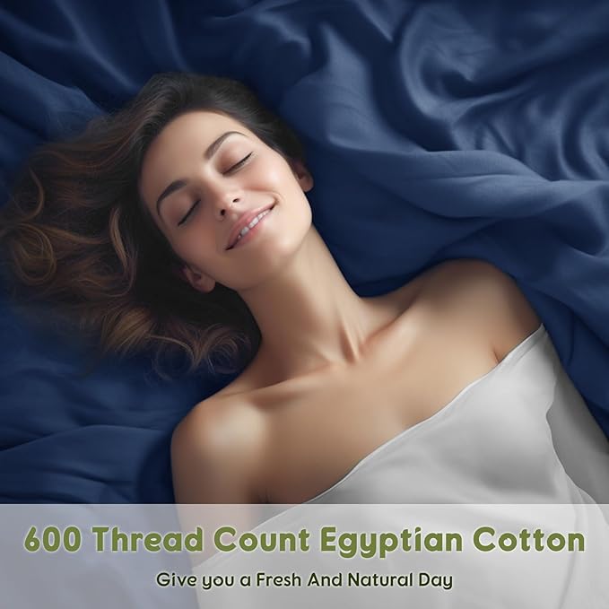 SONORO KATE 100% Egyptian Cotton Sheets Queen Size - 600 Thread Count, Luxury Hotel Sateen Weave Bedding Set, Soft Breathable Sheet Sets, 16" Deep Pocket - 4 PC(Navy Blue,Queen)