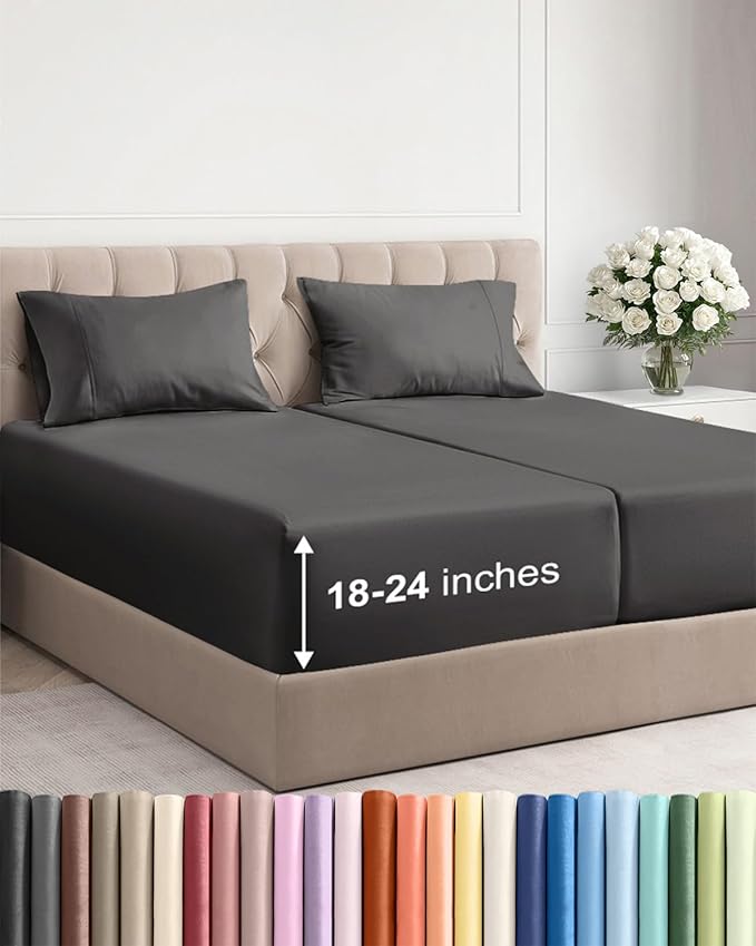 Extra Deep Split King Sheet Set - 5 Piece Breathable & Cooling Bed Sheets - Easily Fits 18 to 24 inch Mattress - Ultra Soft, Wrinkle & Fade Free w/ Extra Deep Pockets - Hotel Luxury Bedding - Charcoal