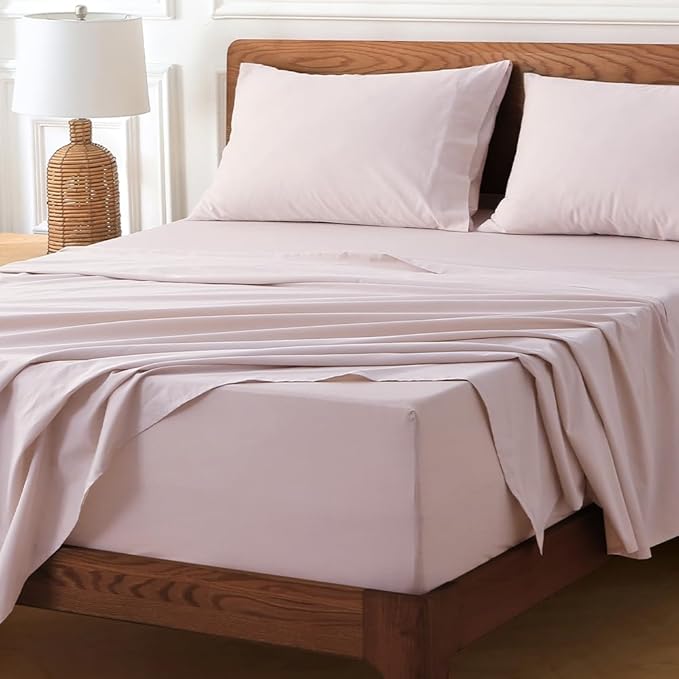 HYPREST Extra Deep Pocket Queen Sheet Sets Fits 18"-24" in Deep Mattress -100% Cotton Queen Sheet Set,Pink Hotel Luxury Soft Wrinkle Free Cooling Sheet Sets for Queen Bed Deep Pocket