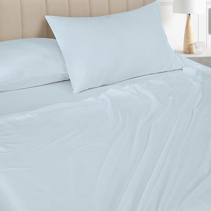 ROYALE LINENS Bamboo Viscose Queen Sheet Set - Cooling Bed Sheet Set - 1 Fitted, 1 Flat & 2 Pillowcase - Fits Up to 16" - Organic Viscose Derived from Bamboo - Bedding Sheet Set (Queen, Ballad Blue)