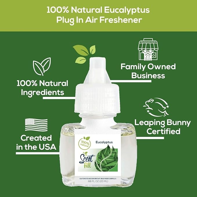 Scent Fill 100% Natural Eucalyptus Plug in Air Freshener, Scented Oil Refills, 2 Refills + Diffuser