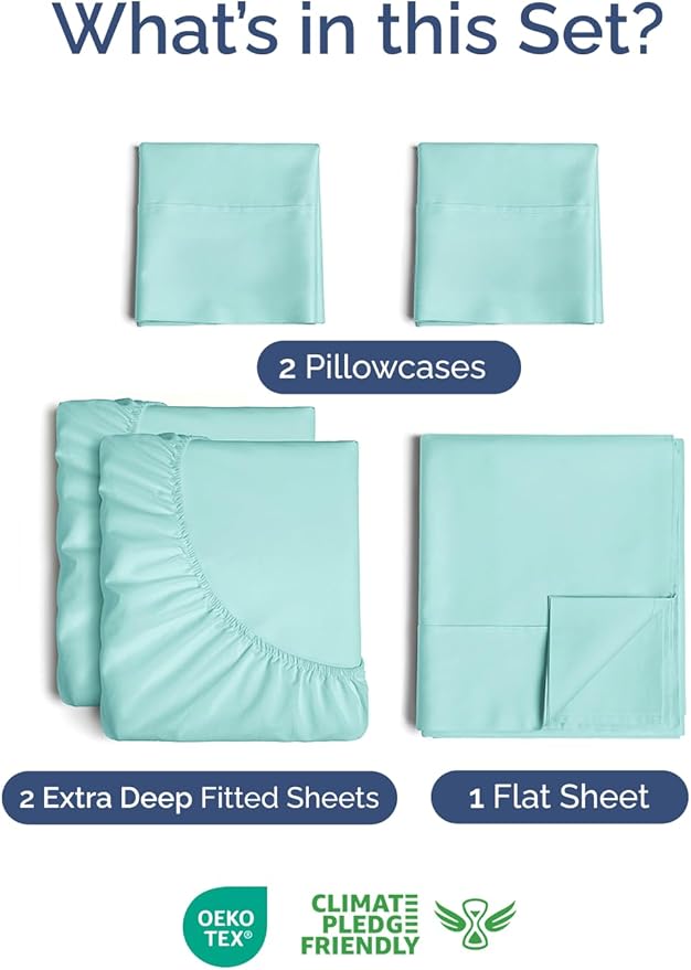 Extra Deep Split King Sheet Set - 5 Piece Breathable & Cooling Bed Sheets - Easily Fits 18 to 24 inch Mattress - Ultra Soft, Wrinkle & Fade Free w/ Extra Deep Pockets - Hotel Luxury Bedding - Spa Blue