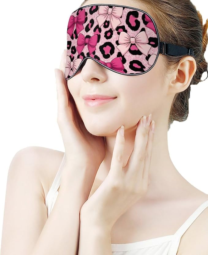 Pink Bows Leopard Print Sleep Mask Girls Sleeping Mask Elastic Blackout Sleeping Eye Mask for Full Night's Sleep Travel and Nap