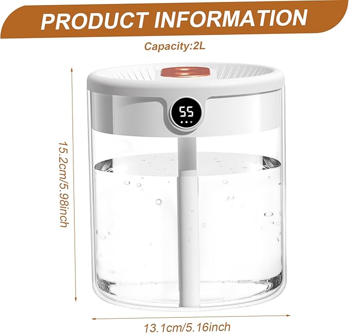 2L Cool Mist Air Humidifier with Humidity Display, 3 Modes, Dual Spray & Light, Silent Diffuser for Bedroom, Baby Nursery, Office, Car & Indoor Plants