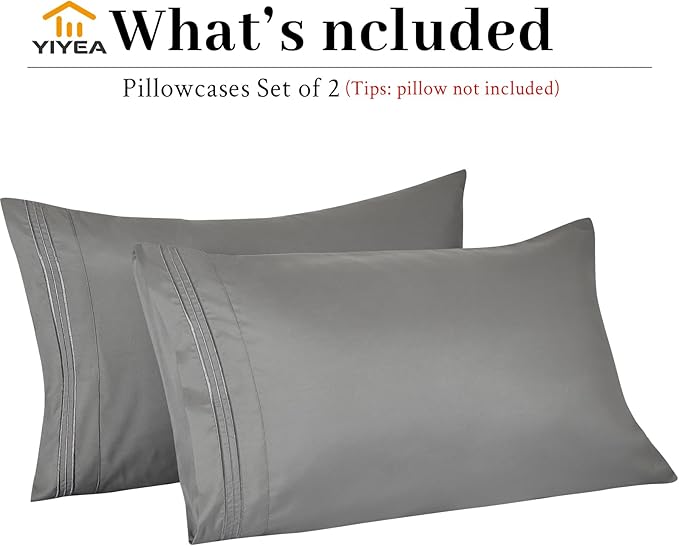 YIYEA Standard Pillow Cases Set of 2, Ultra Soft Double Brushed Microfiber Pillowcases Standard, Hotel Quality Embroidered Bed Pillow Covers, Fade Resistant, Easy Slip-On (20"x26", Dark Grey)