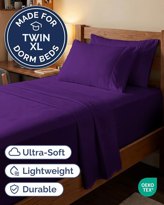Extra Deep Twin XL Sheet Set - 4 Piece Breathable and Cooling Sheets - Hotel Luxury Bedding for Women, Men, Kids & Teens - Easy Secure Fit - Soft, Wrinkle Free and Comfy - Extra Deep Pockets - Purple