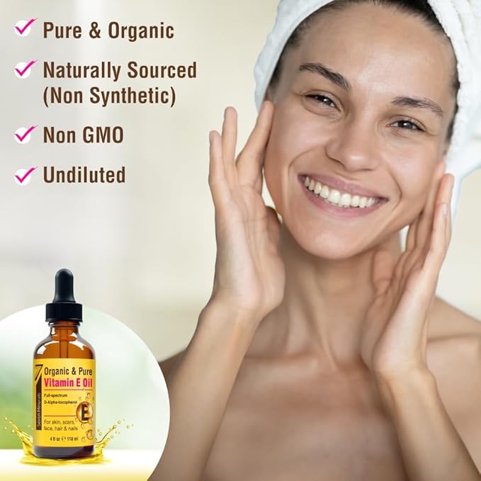 Seven Minerals Ultra Pure Vitamin E Oil - Full-Spectrum D-Alpha Tocopherol per 4 Oz Bottle - 100% Organic Vitamin E Oil for Skin, Face, Hair and Scars - Naturally Occurring:Not Synthetic. (Pack of 2)