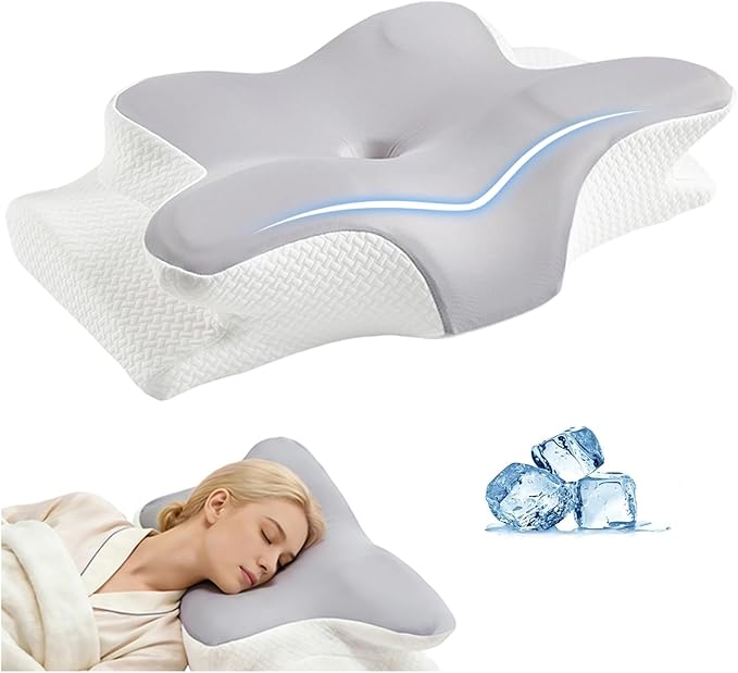 Ergo Cervical Neck Pillow – Ergonomic Neck Pain Relief Pillow for Deep Sleep, Contour Memory Foam Support, Odorless, Cooling Breathable Pillowcase, Ideal for Side Back Stomach Sleepers (Grey)