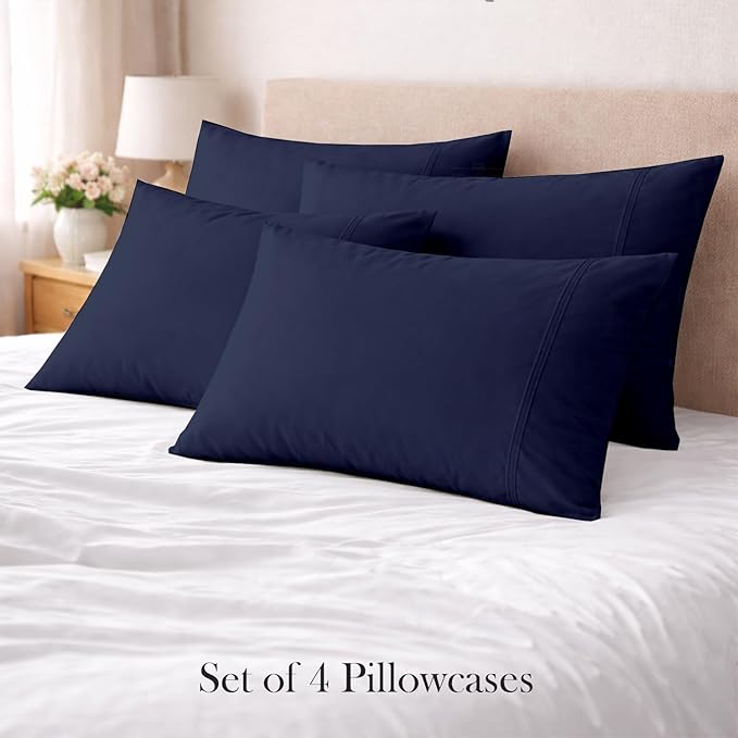 400 Thread Count 100% Egyptian Cotton Queen Size Pillowcases Set of 4, Soft & Breathable Sateen Weave, Envelope Closure, Hotel Luxury Bed Linen, Durable & Fade Resistant, 20"x30", Navy Blue