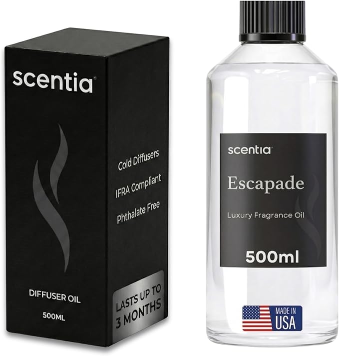 Scentia Escapade Diffuser Oil for HVAC Scent Machine – Hotel Fragrance Inspired by 5-Star Resort – 500 mL – Jasmine, Bergamot & Marine Oil for Commercial & Cold Air Diffusers, Made in USA