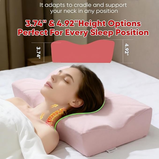DOBUONO Cervical Neck Pillow - Side Sleeper Pillow for Neck Pain Relief, Odorless Memory Foam Pillow with Cooling Cover & Dual Height, Ergonomic Contour for Neck & Shoulder Support, Pink