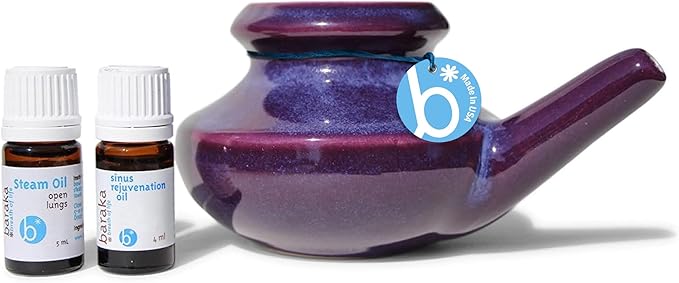 Baraka Breathe Easy Kit - Ceramic Neti Pot, 4ml Sinus Rejuvenation Oil for Sinus Relief & 5ml Steam Oil to Open Lungs, Aromatherapy & Allergy Relief, Essential Oils Blend, Light & Easy to Use - Purple