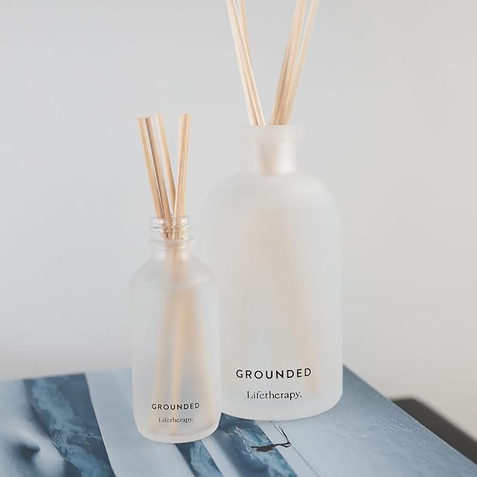Lifetherapy - Grounded - Mini Reed Diffuser w/Cap, Mood-Boosting Scent, Natural Essential Oils, Alcohol-Free, Ideal for Home, Office, Travel & Giftable 2oz
