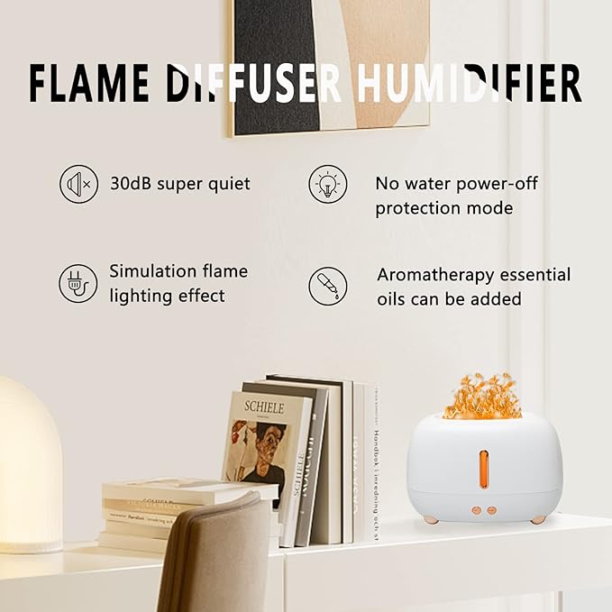 Cute Multicolored Flame Diffuser Humidifier,Essential Oil Aroma Therapy Diffuser with Waterless Auto-Off Protection,Fire Air Diffuser for Home Office Bedroom (White)