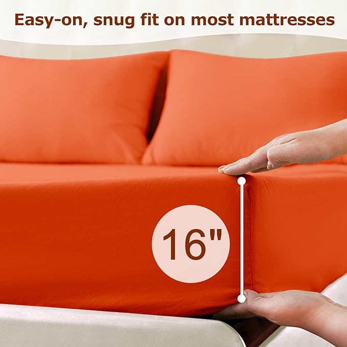 King Size Terracotta Bed Sheet Set - 4 Piece Soft Microfiber Sheets with Deep Pockets, Cooling Technology, and Wrinkle-Free Pillowcase. Hotel-Quality, Durable Bedding, Bright Orange
