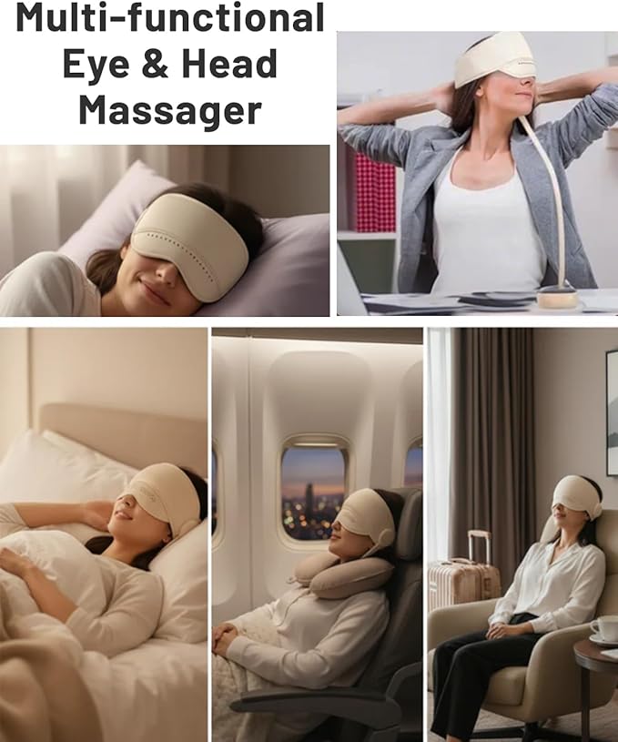 Sleep Mask with Heat,4 Modes 3 Temperature Settings,6 Airbags Compression Head and Eye Massager,Eye Care Device with Remote Control, Portable Relaxation for Home Travel Office Use (Creamy White)