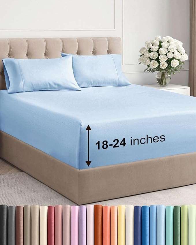 Extra Deep Full Sheet Set - 4 Piece Breathable & Cooling Bed Sheets - Easily Fits 18 to 24 inch Mattress - Ultra Soft, Wrinkle & Fade Free with Extra Deep Pockets - Hotel Luxury Bedding - Light Blue