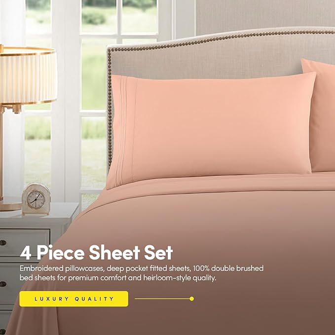 1500 Supreme Collection Twin XL Sheet Sets Peach - 3 Piece Bed Sheets and Pillowcase Set for Twin XL Mattress - Extra Soft, Elastic Corner Straps, Deep Pocket Sheets, Twin XL Peach
