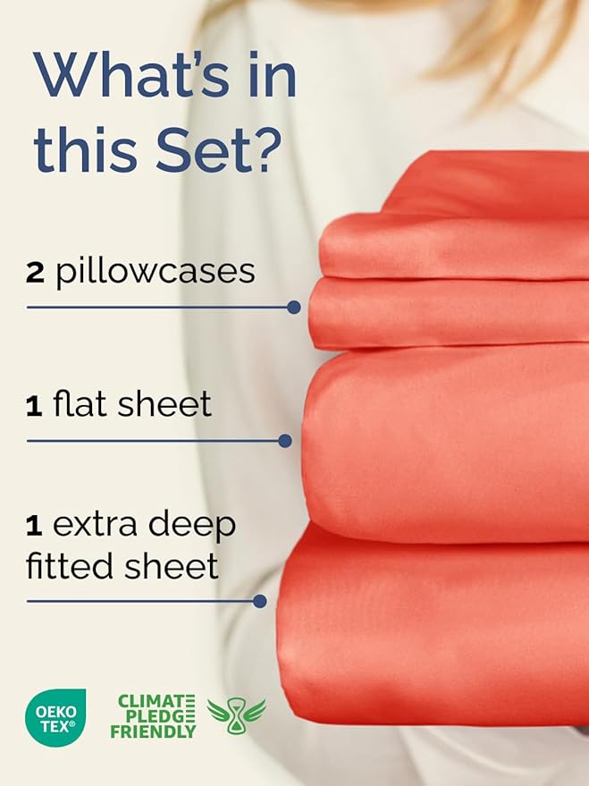 Extra Deep Queen Sheet Set - 4 Piece Breathable & Cooling Bed Sheets - Easily Fits 18 to 24 inch Mattress - Ultra Soft, Wrinkle & Fade Free w/ Extra Deep Pockets - Comfy Hotel Luxury Bedding - Coral
