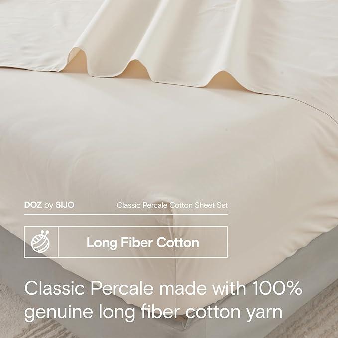 DOZ 100% Long Staple Cotton Sheet Sets, Classic Crisp Percale Weave, Breathable, Matte Finish, Hotel Style, Durable, 3pc – 2 Pillowcases 1 Fitted (Fog, Full)