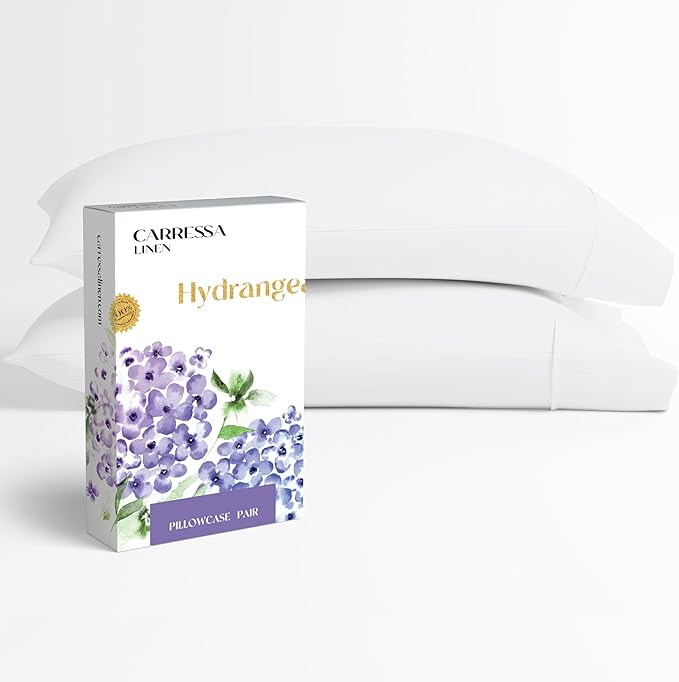 Carressa Linen 100% Egyptian Cotton King Size Pillow Cases Set of 2 - Luxury 600 Series Hydrangeas Collection King Pillowcases (White), Soft Cooling, Sateen Weave Hotel Quality Bed Pillow Cover
