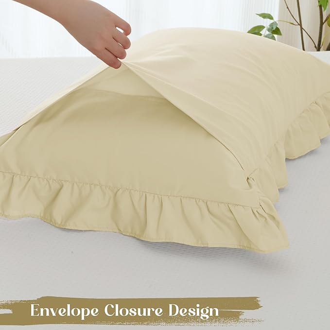 Homiest 2-Pieces Ruffle Pillow Case & Fitted Sheet Set, Cream Twin Sheets with Ruffled Pillow Shams, 15 Inch Deep Pocket, Cute & Coquette Microfiber Bed Set for Decorating Bedroom Hotel