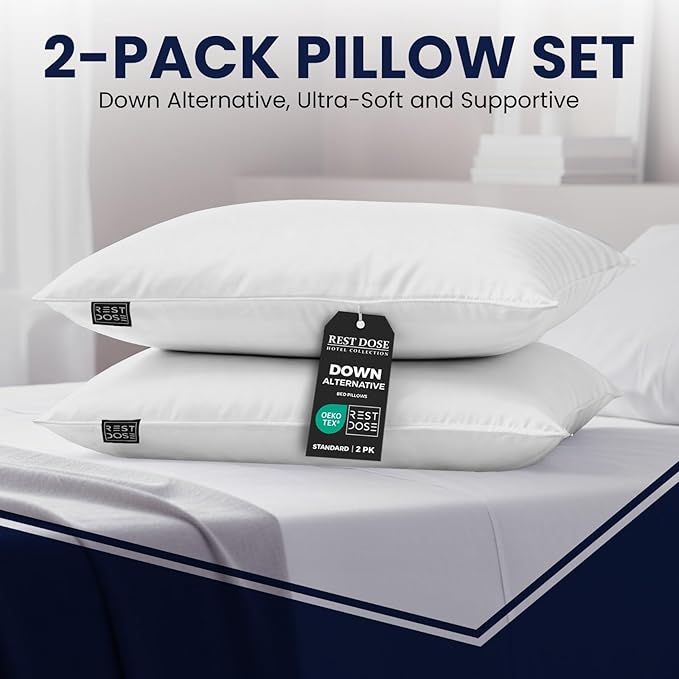 Bed Pillows for Sleeping, Set of 2 – Cooling, Hotel Quality with Soft Down Alternative Fill for Back, Stomach & Side Sleepers | White Microfiber Queen