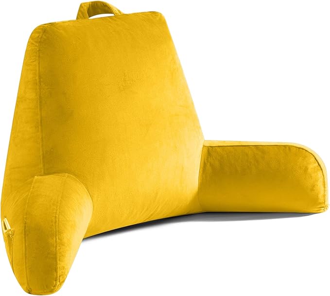 OAISZ Reading Pillow for Sitting in Bed Adult, X-Large Reading Pillow with Shredded Memory Foam, Back Pillow for Sitting Up with Extend Arms, Pockets, Bed Pillow with Washable Cover, Yellow