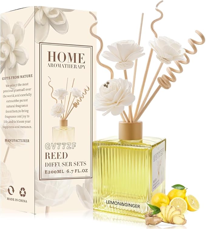 Lemon Reed Diffuser - 6.7 oz Glass Bottle with 4 Rattan Sticks, 3 Dried Flowers | Adjustable, Long-Lasting Scent for Home, Bedroom, Living Room, Office, Bathroom | Aromatherapy Gift