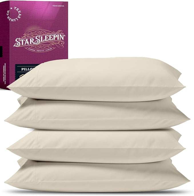 TEXAS LINEN CO. 100% Egyptian Cotton Pillow Cases King Size Set of 4 - Luxury 1200 Series Star Sleepin' Collection Cotton King Pillow Cases (2 Pair, Ivory), Extra Long Staple Sateen Pillowcases