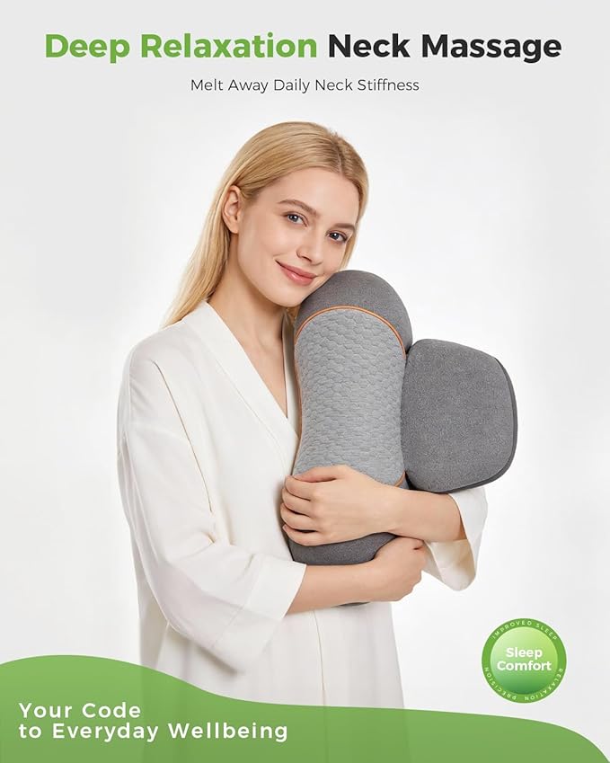 3-in-1 Neck Massager Pillow for Pain Relief Deep Tissue with Heat, Cordless & Rechargeable Massager with Traction for Neck Hump & Shoulder Comfort, Memory Foam Pillow for Home Office Travel